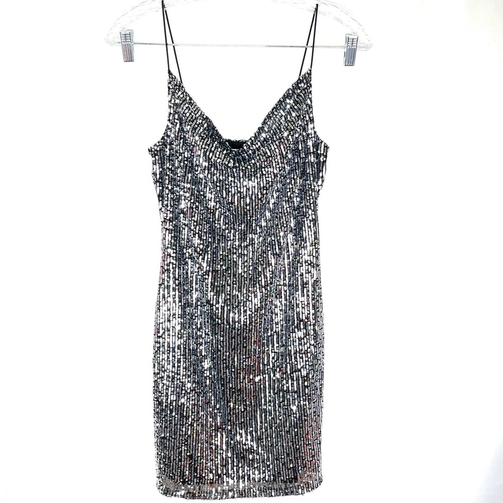 Bailey Blue Silver Sequin Cowl Neck Mini Dress M sexy dress, great for NYE!!